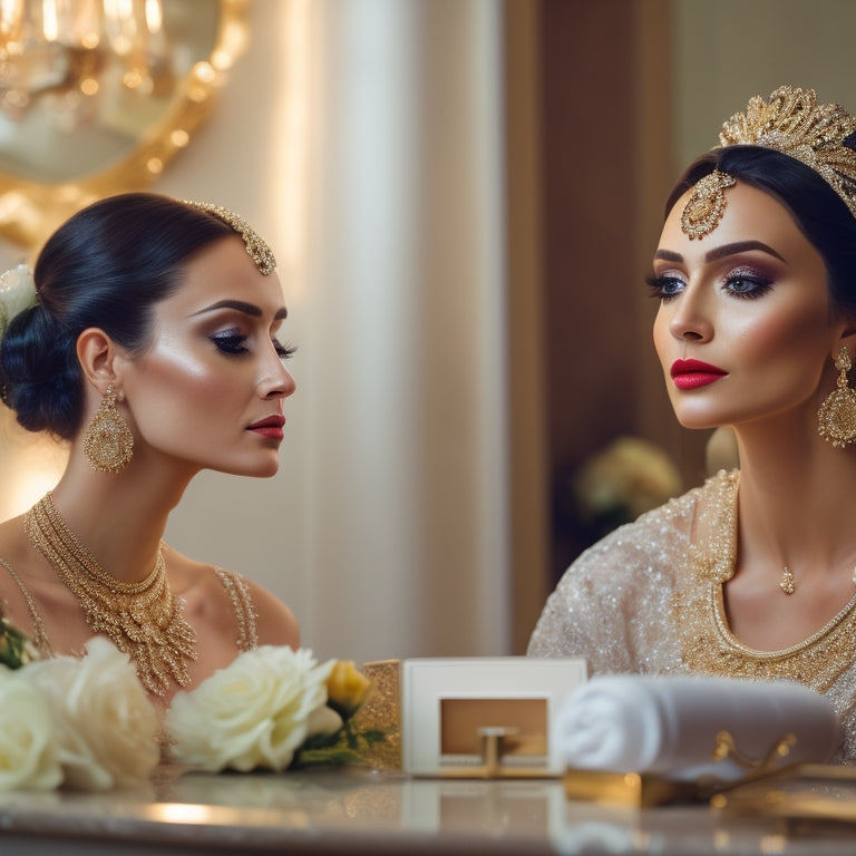 A beautiful, serene bride sits in front of a ornate, gold vanity, surrounded by soft, warm lighting, with various hairstyling tools and makeup products scattered around her, gazing into a mirror.