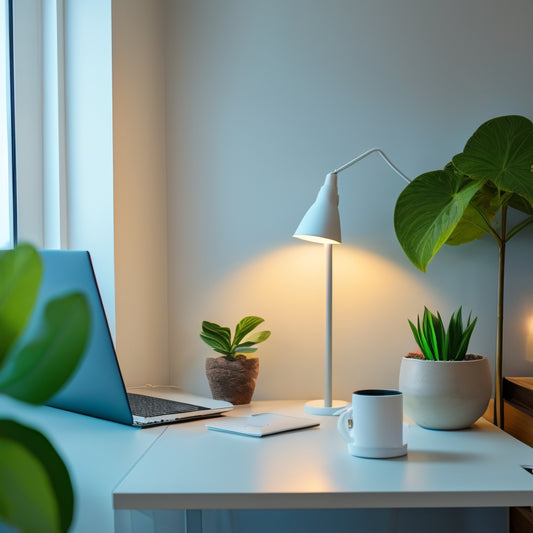 A modern, minimalist home office with a sleek laptop, a small potted plant, and a minimalist desk lamp, set against a clean, white background, with subtle, warm lighting.