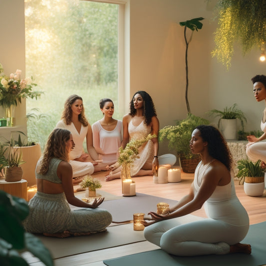 A serene, sunlit studio filled with lush greenery, featuring a diverse group of women in various yoga poses, surrounded by flowers, candles, and soft, golden lighting.