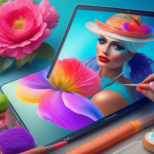 A whimsical illustration featuring a digital tablet with a stylus, surrounded by vibrant paints, brushes, and a half-painted model, blending traditional body painting with digital art tools.