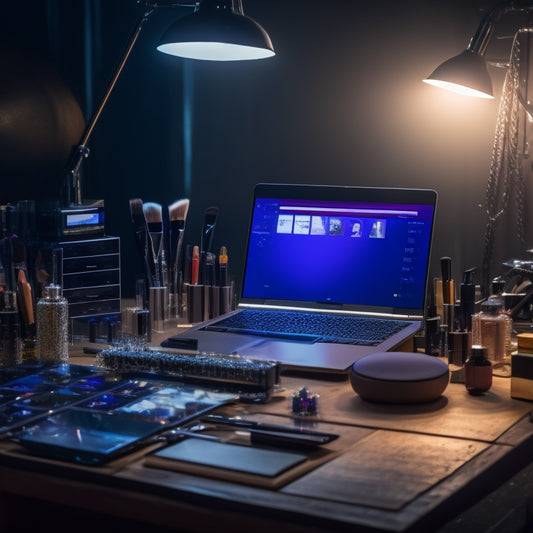 A cluttered, dimly lit makeup station with various brushes, palettes, and products scattered around, spotlight shining on a central mirror reflecting a dancer's made-up face, surrounded by laptops and tablets.