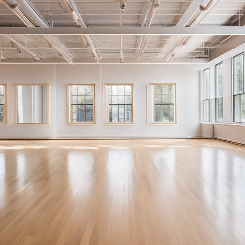 A spacious dance studio featuring large, floor-to-ceiling mirrors reflecting graceful dancers in motion, polished wooden floors, soft natural lighting from large windows, and a minimalist decor with vibrant dance mats scattered throughout.