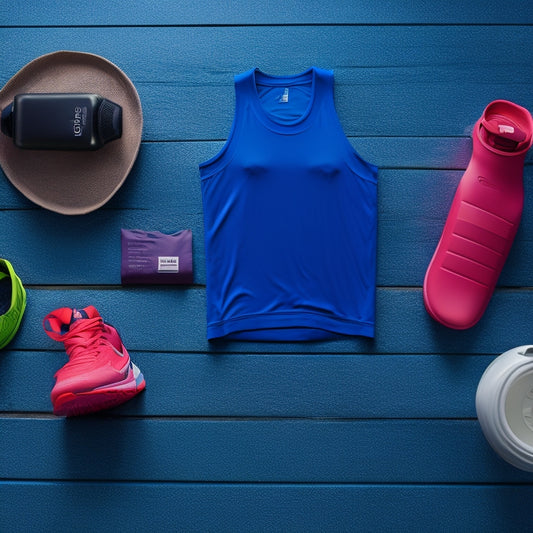 A flat lay of colorful moisture-wicking tank tops arranged on a wooden surface, surrounded by running shoes, a water bottle, and a smartwatch, with natural light casting soft shadows.