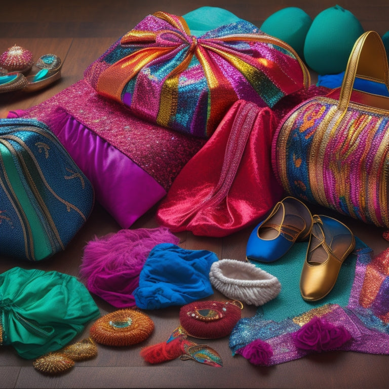 A vibrant display of various dance costume bags, featuring colorful fabrics, sequins, and patterns, arranged elegantly on a polished wooden floor, with ballet shoes and tutus artfully scattered around them, capturing the essence of dance.