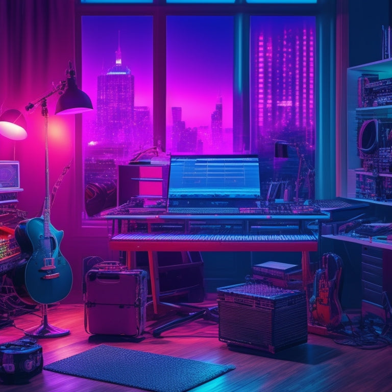 A stylized illustration of a choreographer's studio, with a laptop open on a cluttered desk, surrounded by dance gear and music notes, amidst a subtle cityscape background with neon lights.