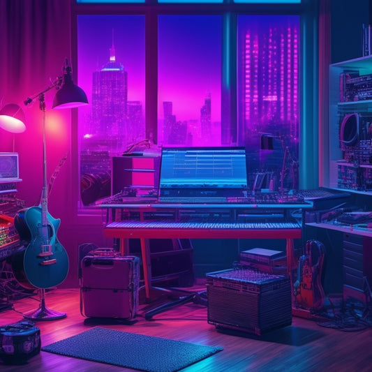 A stylized illustration of a choreographer's studio, with a laptop open on a cluttered desk, surrounded by dance gear and music notes, amidst a subtle cityscape background with neon lights.
