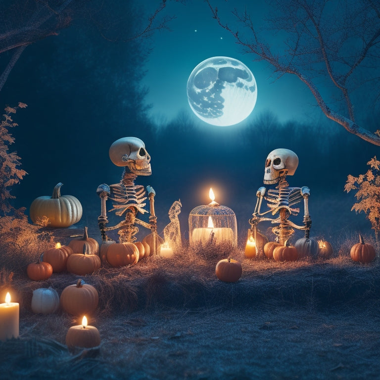 A hauntingly beautiful illustration featuring a trio of spooky skeletons amidst a whimsical autumnal backdrop, surrounded by glowing jack-o'-lanterns, fallen leaves, and twinkling candles, under a moonlit sky.