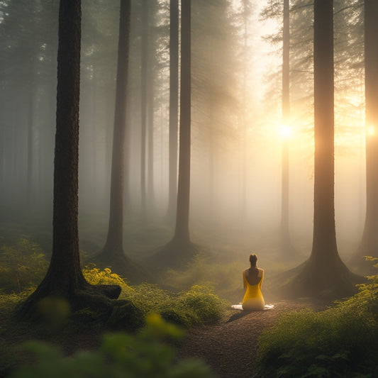 A serene, misty forest landscape at dawn, with a lone figure in a yoga pose, surrounded by candles and a subtle, glowing aura, amidst lush greenery and soft, golden lighting.