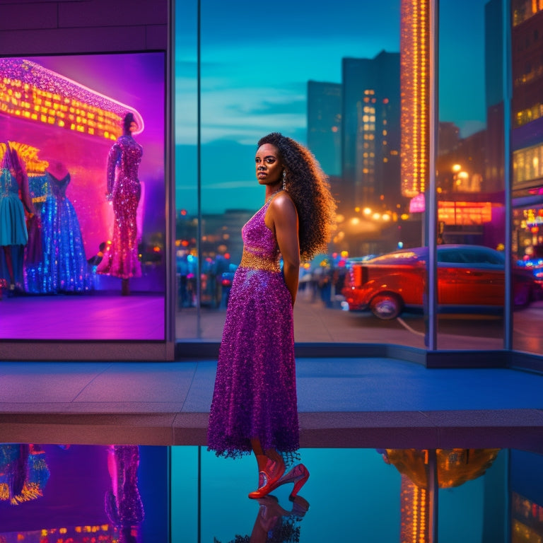 A vibrant, colorful illustration of a person standing in front of a mirrored dance studio, surrounded by salsa dance-inspired elements, with a subtle cityscape at dusk in the background.