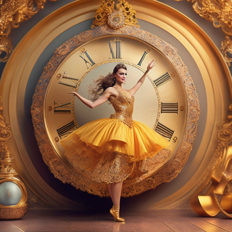 A whimsical illustration of a clock's intricate mechanisms transforming into a dancer's flowing skirt, surrounded by swirling clock hands and musical notes, set against a warm, golden background.