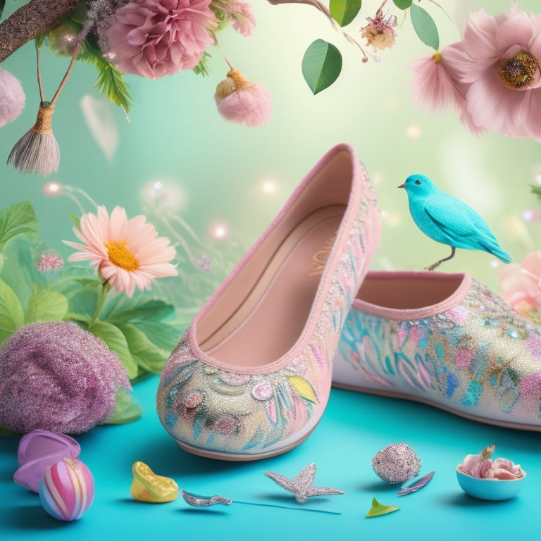 A whimsical illustration featuring a mix of dance-inspired motifs, including ballet slippers, musical notes, and feathers, intertwined with floral patterns and vines in pastel hues.