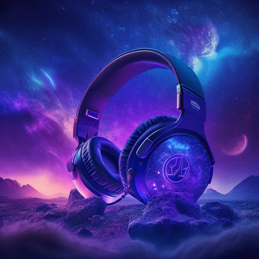 A vibrant, swirling vortex of sound waves in shades of electric blue and purple, surrounded by glowing musical notes and stylized headphones, set against a dark, starry night sky.