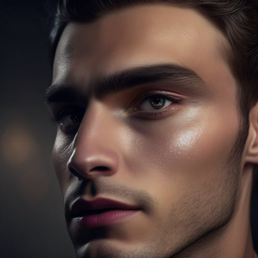 A spotlight shines on a male performer's face, showcasing a flawless, dramatic makeup look with bold eyebrows, contoured cheekbones, and a subtle, shimmery highlight on the cupid's bow.