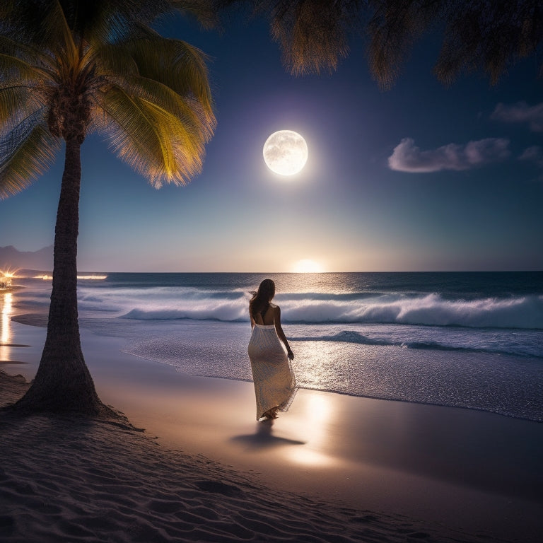 A serene, moonlit beachscape with a solitary figure, Abia, in mid-dance, arms outstretched, surrounded by soft, glowing orbs, with gentle waves and palm trees in the background.