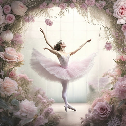 A whimsical illustration featuring a delicate ballerina surrounded by swirling ribbons, flowers, and ballet shoes, set against a soft, watercolor-inspired background with pastel hues and subtle sparkle elements.