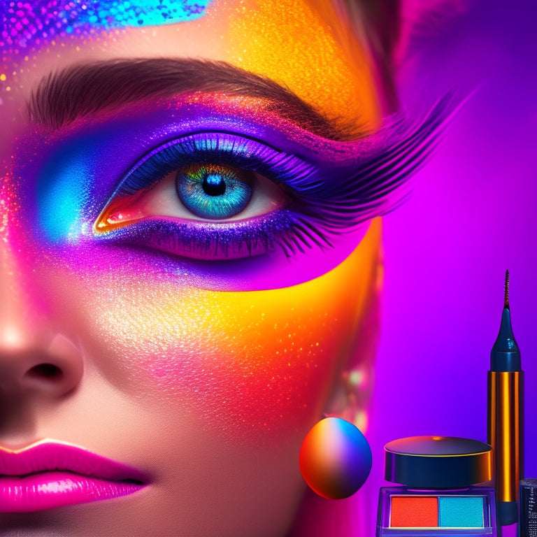 A vibrant, colorful illustration featuring a pair of glamorous, made-up eyes surrounded by various digital makeup design templates, brushes, and palettes on a neon-lit, futuristic background.