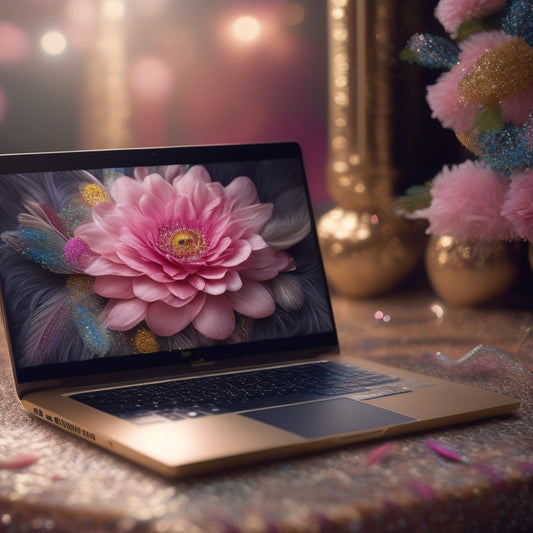 A whimsical illustration of a laptop and a dance floor, surrounded by swirling patterns of fabrics, flowers, and feathers, with a subtle sparkle and shimmer effect, conveying joy and movement.