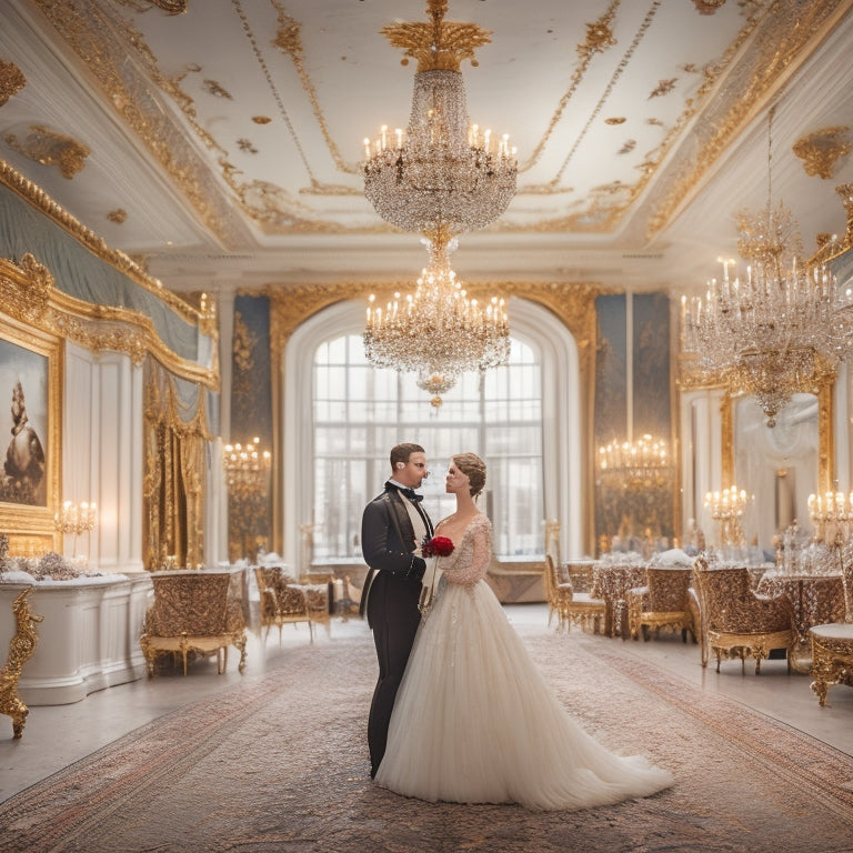 A grand, ornate ballroom with crystal chandeliers and marble floors, set against a backdrop of snow-covered Vienna rooftops, with couples in formal attire waltzing amidst hints of Imperial and Austrian flags.