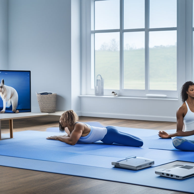 A serene background with a subtle gradient of calming blues and whites, featuring a flexible yogi in downward-facing dog, surrounded by scattered laptops and smartphones with screens displaying fitness trackers and charts.