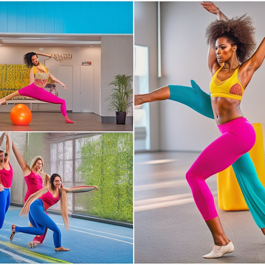 A vibrant dance studio setting featuring diverse women in stylish, comfortable dance pants, showcasing dynamic movement. Include various fabrics and patterns, with natural light highlighting their expressions of joy and freedom.