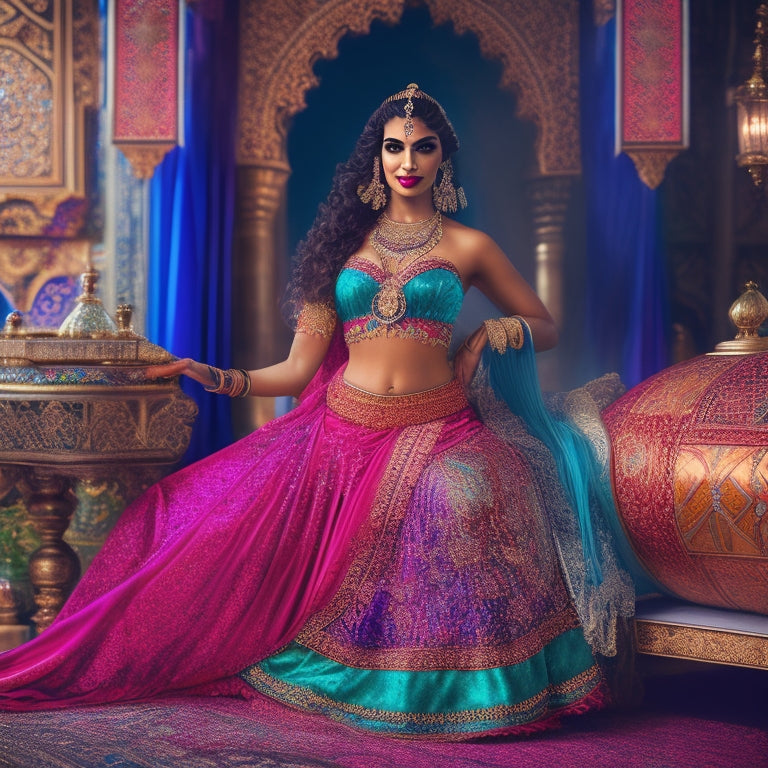 A vibrant illustration of a belly dancer in a flowing, jewel-toned skirt, surrounded by ornate Arabic patterns and intricate instruments, with a subtle Middle Eastern-inspired background.