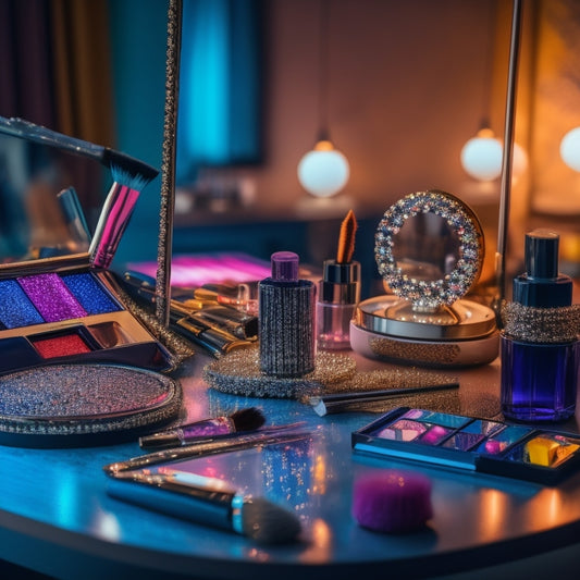 A cluttered makeup station with a mirror, surrounded by an assortment of brushes, palettes, and products, with a few fake lashes, glitter, and rhinestones scattered around.