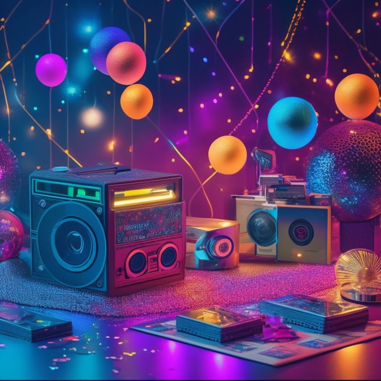 A vibrant, neon-lit illustration featuring a cassette tape, vinyl record, and Polaroid camera surrounded by swirling disco balls, cassette tapes, and retro-style confetti, set against a dark blue background.