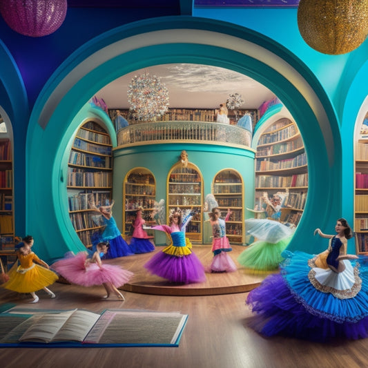 A whimsical illustration of a dance studio with bookshelves lining the walls, filled with novels and fairy tales, surrounded by twirling students and floating paper characters, amidst a swirl of colorful costumes and musical notes.