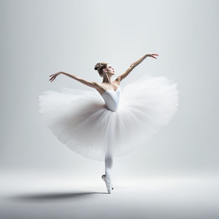 A delicate, hand-drawn illustration of a ballerina in a flowing tutu, set against a pristine white background, with subtle, elegant lines and minimal shading, surrounded by empty space.