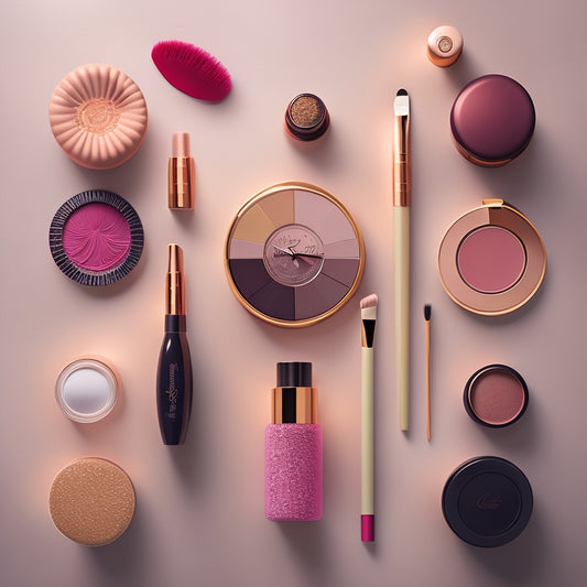 A minimalist illustration featuring a makeup artist's kit with a clock in the center, surrounded by swirly patterns of makeup brushes, lipsticks, and eyeshadows in a whirlwind motion, conveying time management.