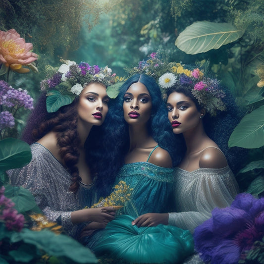 A whimsical illustration of three alluring nymphs, each embodying a distinct aspect of temptation, surrounded by lush foliage, exotic flowers, and subtle hints of mystical energies, shimmering with an ethereal glow.