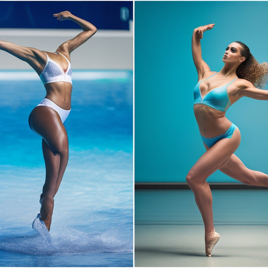 A split-screen image: on the left, a dancer in a dance studio wearing a leotard and tutu, and on the right, a swimmer in a pool wearing a swimsuit, with a subtle gradient of dancewear-inspired swimwear in the background.