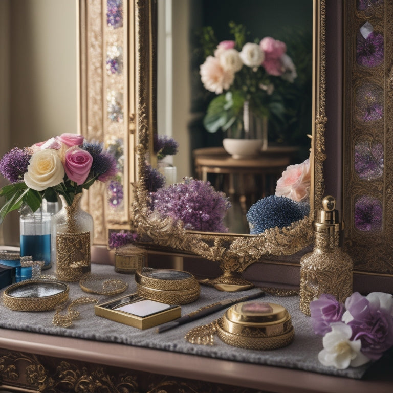 A clutter-free vanity with a large, ornate mirror, surrounded by neatly organized makeup brushes, palettes, and products, with a few strategically placed flowers and a delicate, beaded necklace.