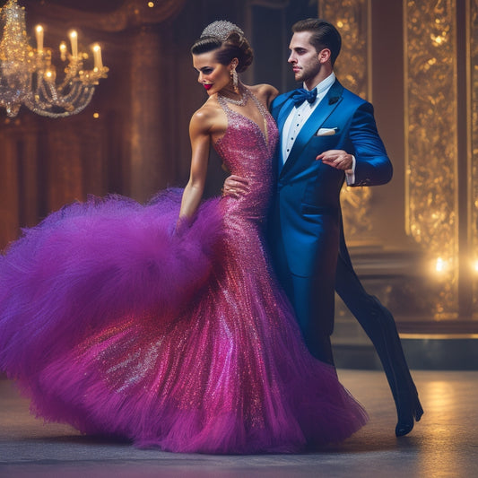 Elegant ballroom dancers in vibrant, flowing gowns and tailored suits, adorned with sequins and feathers, gracefully pose on a polished dance floor, under soft spotlight, showcasing their dynamic movements and intricate designs.
