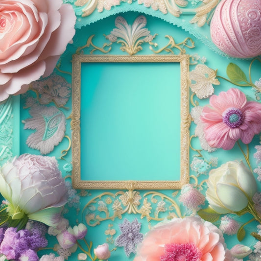 A whimsical, pastel-hued digital illustration featuring layered digital cut files, with intricate floral patterns, delicate lace, and ornate frames, amidst a subtle, shimmering background with soft, feathery textures.