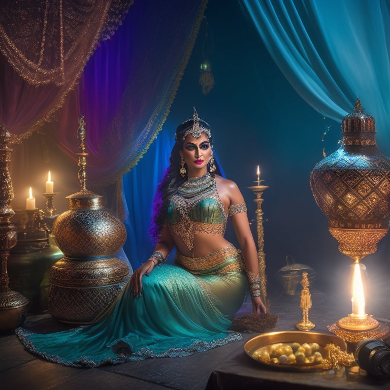 A serene, dimly lit studio backdrop with a belly dancer in a flowing, jewel-toned costume, surrounded by photography equipment, with a few props like veils, fans, and ornate lanterns scattered around.