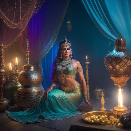 A serene, dimly lit studio backdrop with a belly dancer in a flowing, jewel-toned costume, surrounded by photography equipment, with a few props like veils, fans, and ornate lanterns scattered around.