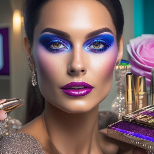 A beautiful, glamorous woman with a flawless, airbrushed complexion and bold, vibrant eye shadow looks directly at the camera, surrounded by various makeup brushes, palettes, and mirrors.