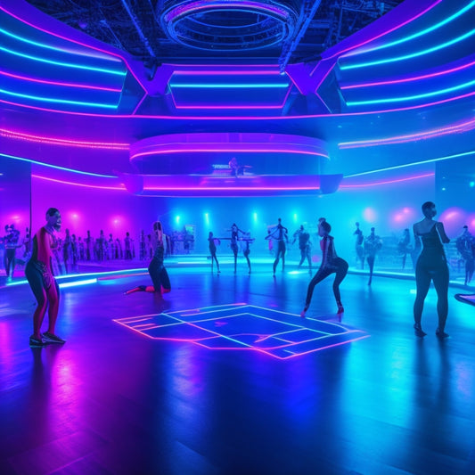 A futuristic dance studio with a large screen displaying a virtual dance floor, surrounded by dancers wearing VR headsets and holding controllers, with neon lights and futuristic decorations.