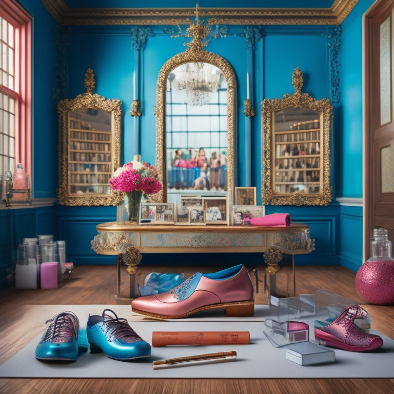 A stylized illustration of a dance studio with a large, ornate mirror, a ballet barre, and a calendar or planner on an easel, surrounded by scattered dance shoes and water bottles.