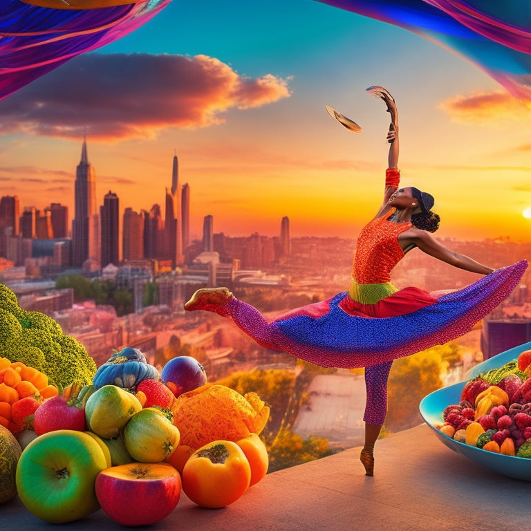 A vibrant illustration featuring a dancer in motion, surrounded by swirling shapes of fruits, vegetables, and whole grains, with a subtle background of a cityscape at sunset.