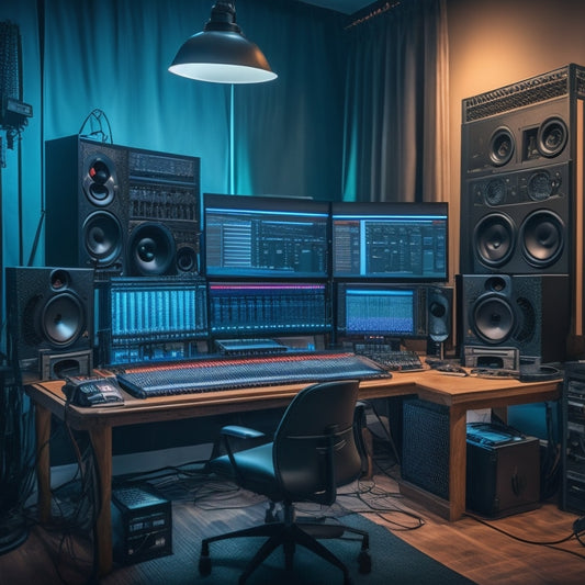 A darkened recording studio with a PC at its center, surrounded by musical instruments, headphones, and colorful cables, with a giant screen displaying a video editing timeline in the background.