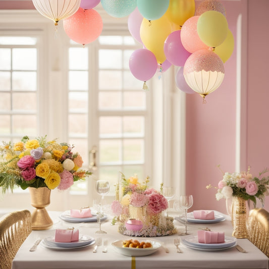 A vibrant, sunlit party scene with balloons in pastel hues, a flower-adorned garland draped across a tablescape, and a stunning chandelier shining bright above a beautifully set dinner table.