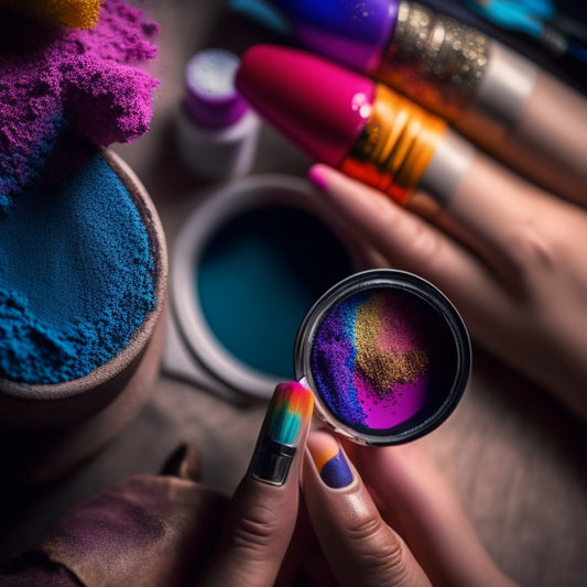 A close-up of a makeup artist's hands holding a prosthetic piece, surrounded by paint-splattered brushes, colorful makeup palettes, and a mirror reflecting a transformed, otherworldly face.