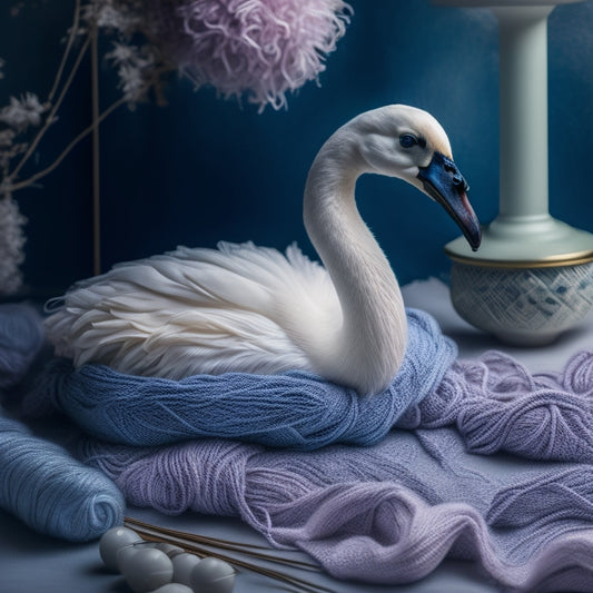 A serene, pastel-hued illustration of a swan's gentle, outstretched neck and head emerging from a delicate, lace-knit shawl, surrounded by scattered balls of yarn and knitting needles.