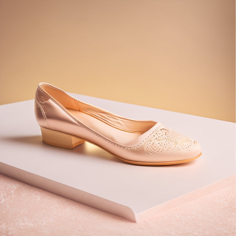 A minimalist illustration featuring a pair of ballet flats with a subtle, curved line underneath, suggesting arch support, set against a soft, pastel-colored background with gentle, swirling patterns.