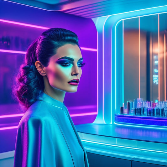 A futuristic beauty studio with sleek, neon-lit makeup stations, surrounded by holographic displays, augmented reality mirrors, and robotic assistants, with a cityscape at dusk in the background.