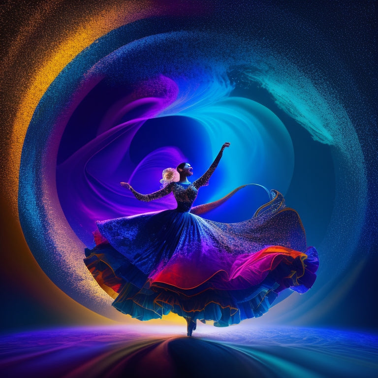 A vibrant, swirling vortex of colorful dance silhouettes, surrounded by swirling patterns of musical notes, dots, and curves, set against a dark blue background with subtle gradient effects.