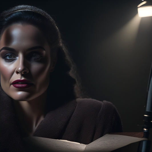 A spotlight shines down on a dramatic, smoky-eyed actress, mascara running down her cheek as she clutches a script, set against a dark, velvety theater backdrop with subtle stage lights.