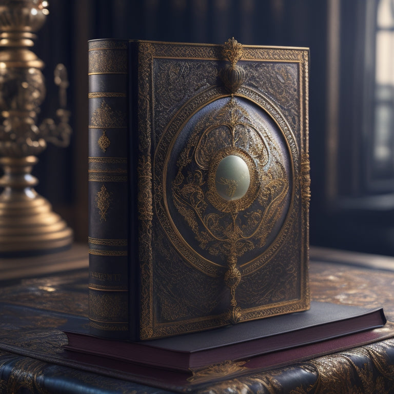 A regal, leather-bound tome with golden filigree and a crowned emblem on the cover, sitting atop a pedestal, surrounded by faint, glowing orbs and subtle, shimmering mist.